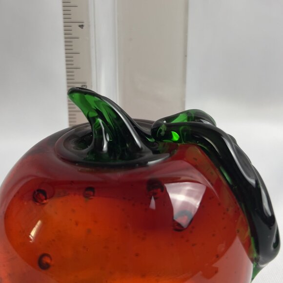 Hand-Blown Red Glass Apple Paperweight Green Stem Vintage Fruit Sculpture 3” - Picture 9 of 11